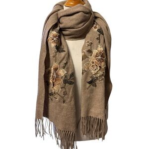 Embroidered 3D Floral Tan Wool Scarf, new